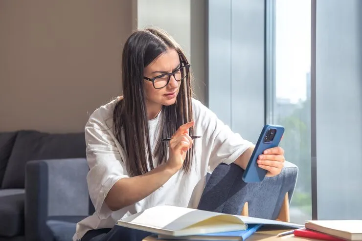 Frau mit Smartphone und Notizbüchern am Schreibtisch
